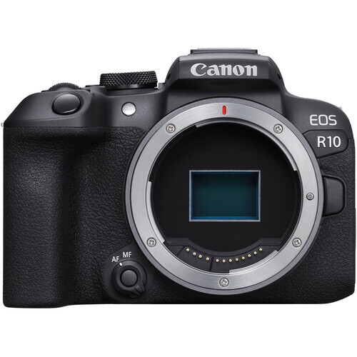 Canon EOS R10 mirrorless camera body with exposed sensor and silver lens mount.