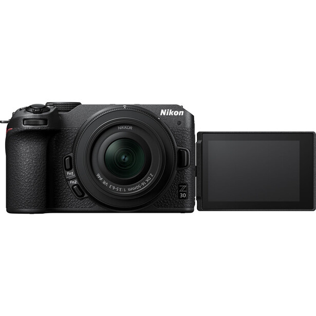 Nikon Z30 mirrorless camera with articulating LCD screen extended to the right.