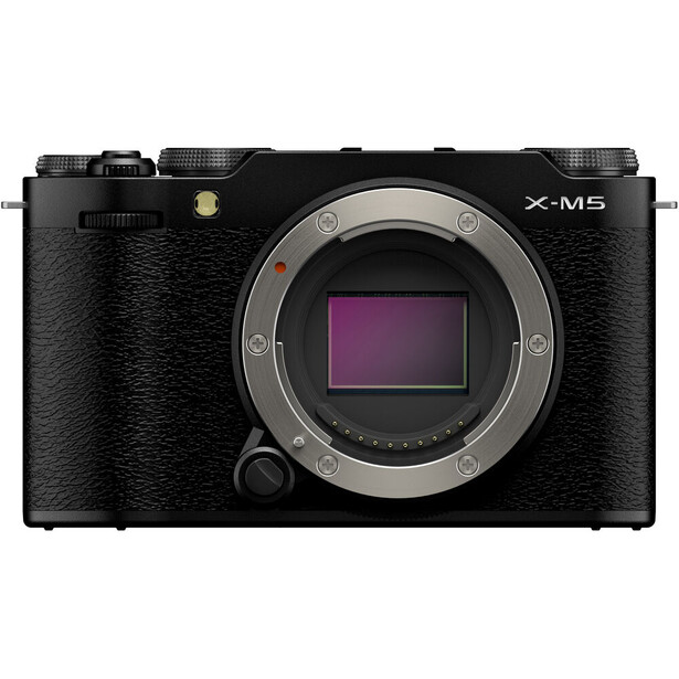 Fujifilm X-M5 mirrorless camera body with open sensor, displayed front-on against white background.