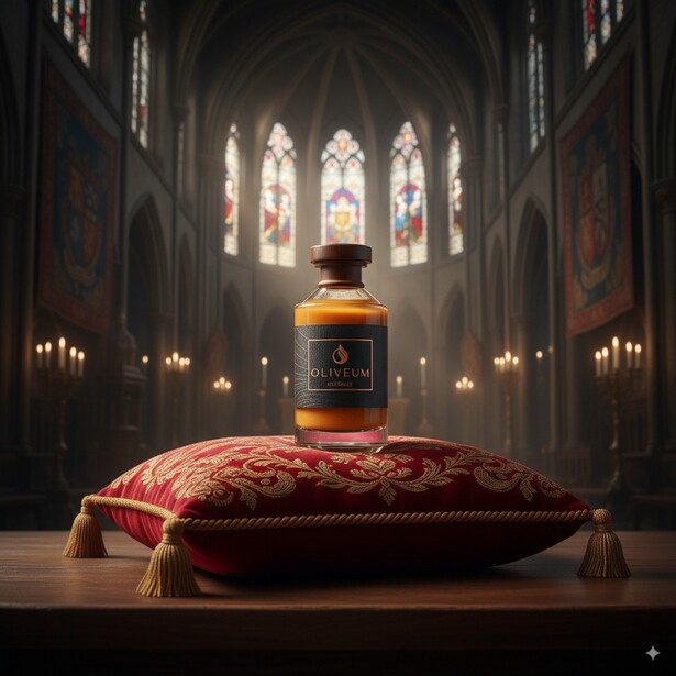 Luxury perfume bottle on red velvet cushion inside Gothic cathedral with stained glass windows.