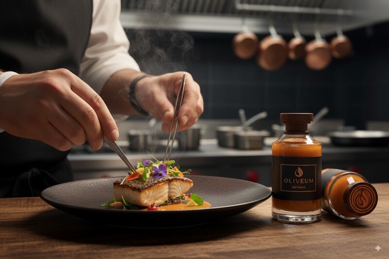 Chef plating a gourmet dish with tweezers on a dark plate in a professional kitchen.