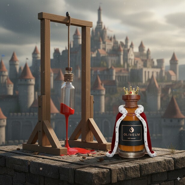 Conceptual still life compositing a guillotine prop with a liquor bottle against a fantasy castle backdrop.
