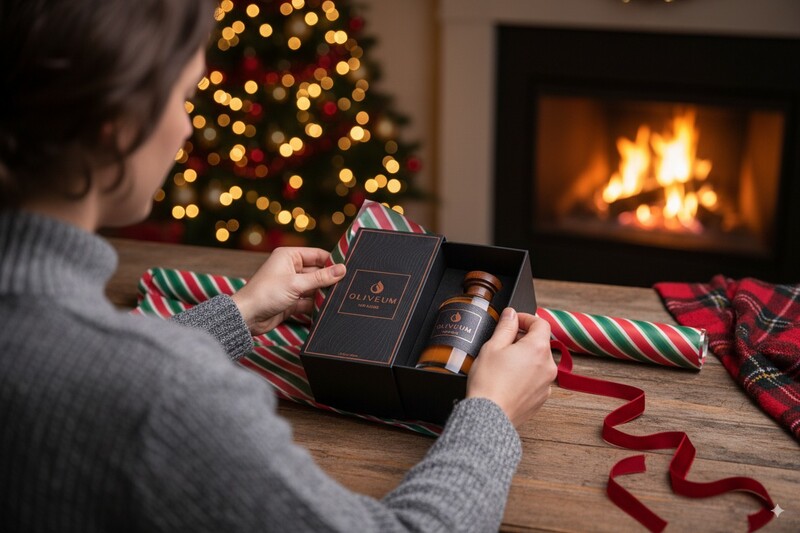 Person opening a luxury gift box by a fireplace during holiday season.