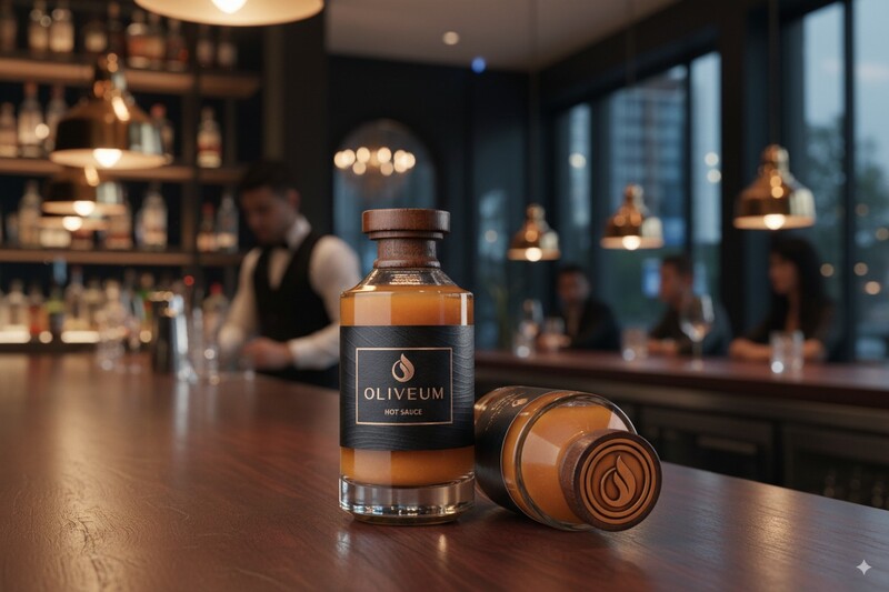 Amber glass bottle with black label and matching cap displayed on wooden bar counter.