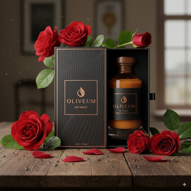 Luxury oil bottle with black packaging surrounded by red roses and petals on wooden surface.