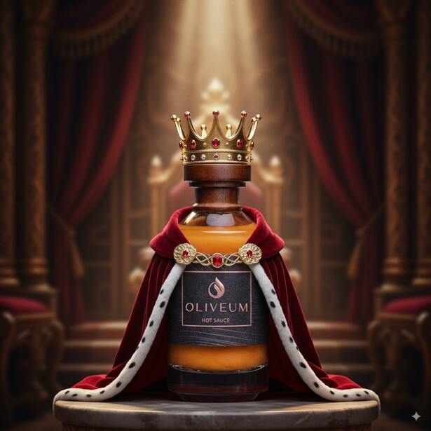 Illustration of a perfume bottle wearing a crown and draped in red velvet fabric, positioned center stage under dramatic spotlight with theatrical curtains.