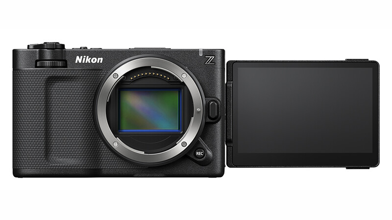 Nikon Z mirrorless camera body with articulating touchscreen display extended to the right.