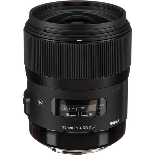 Sigma 35mm f/1.4 DG HSM Art lens with focus ring and distance scale visible against white background.