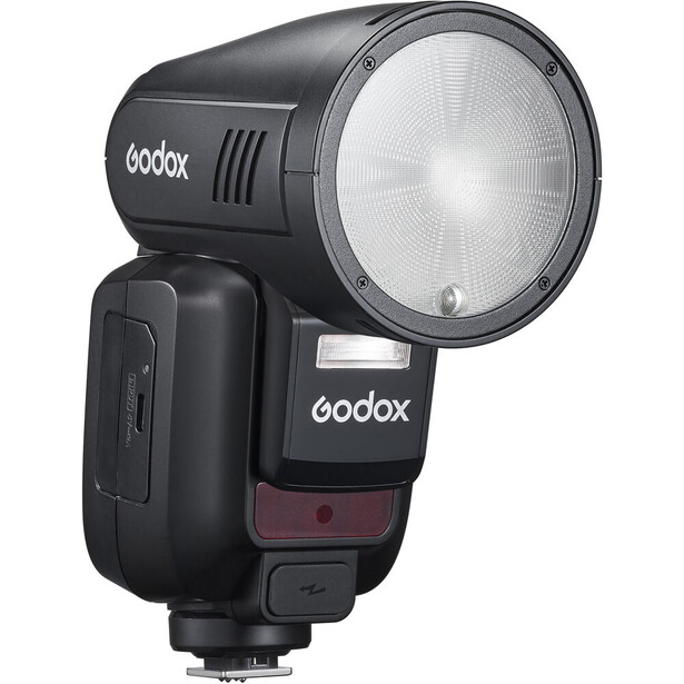 Godox speedlight flash unit with cylindrical reflector and control panel.