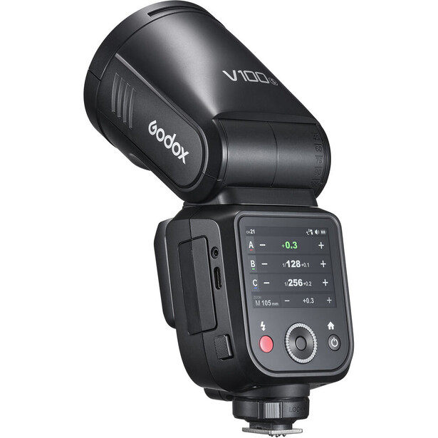 Godox V63 speedlight with control panel displaying flash settings and adjustment buttons.