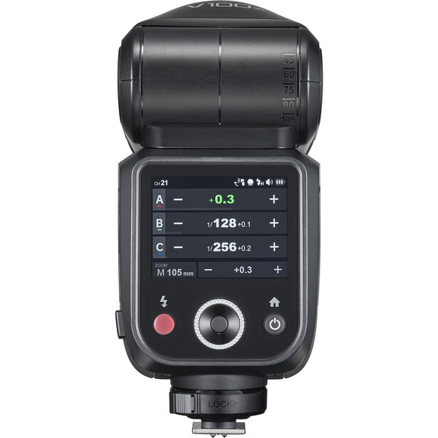 Flash unit with LCD display screen showing exposure compensation and flash settings controls.