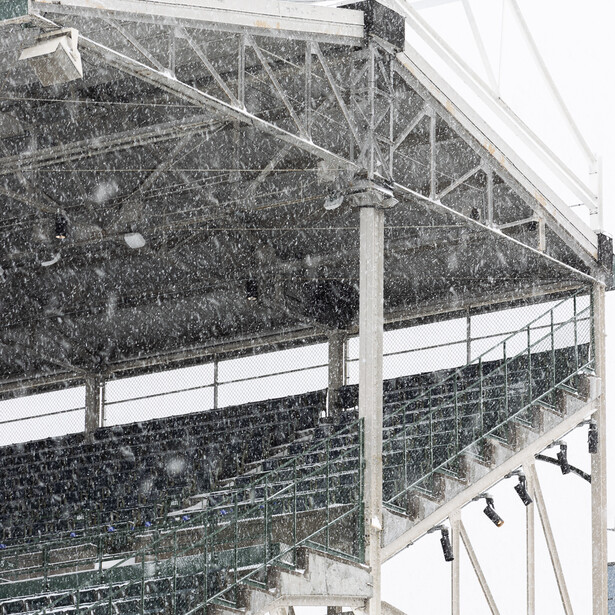 Photograph of Wrigley Field stands in a snowstorm