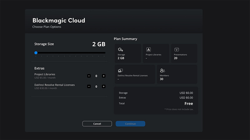Screenshot of Blackmagic Cloud plan selection interface showing 2 GB storage tier with pricing and feature details.