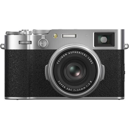 Rangefinder film camera with silver top plate and black leather body, featuring a fixed lens and optical viewfinder.