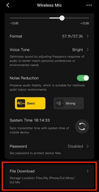 Screenshot of wireless microphone settings menu showing audio format, noise reduction, and system controls.