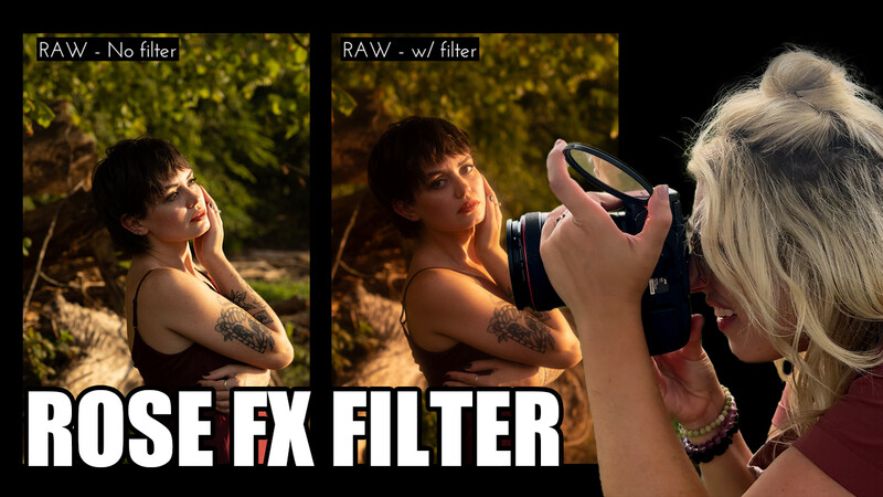 Comparison of RAW photo processing with and without filter applied to portrait of woman outdoors.