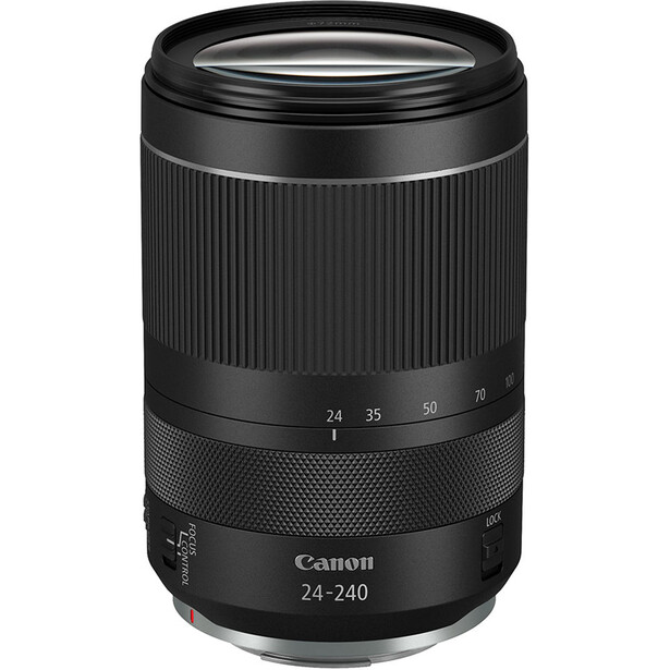 Canon RF 24-240mm f/4-6.3 IS USM zoom lens against white background.