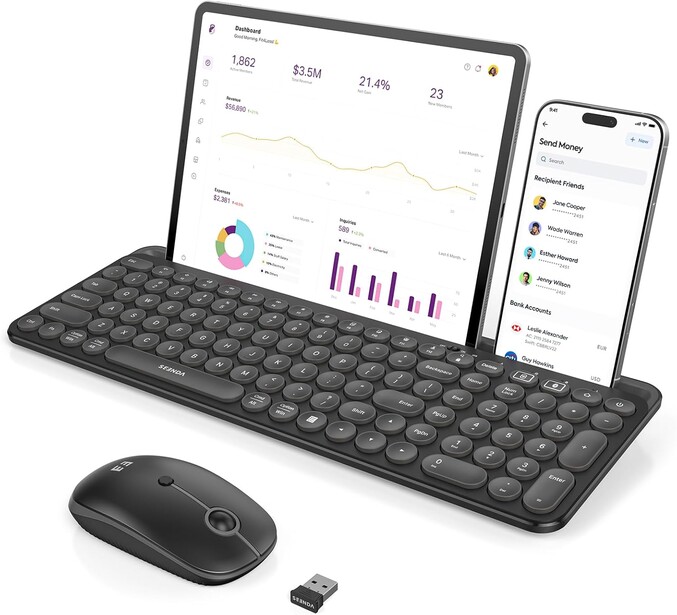 Wireless keyboard, mouse, and USB receiver displayed with tablet and smartphone showing analytics dashboards.