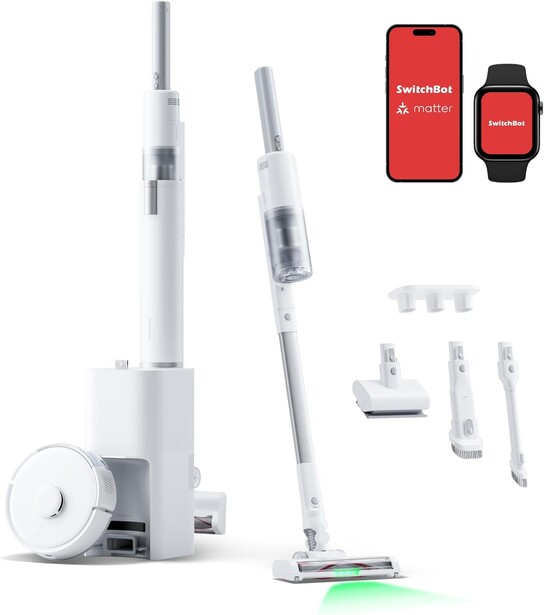 Electric toothbrush system with charging base, multiple brush heads, and smartphone app display.