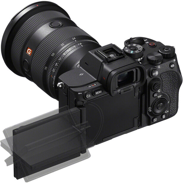 Mirrorless camera with attached zoom lens and extended LCD screen displayed against white background.