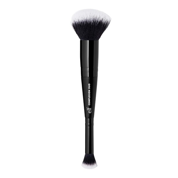 Double-ended makeup brush with black handle and dual synthetic bristle heads.