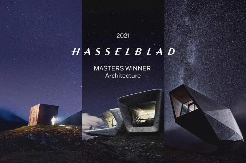 Hasselblad 2021 Masters Winner graphic for Architecture category featuring three illuminated modern structures photographed at night.