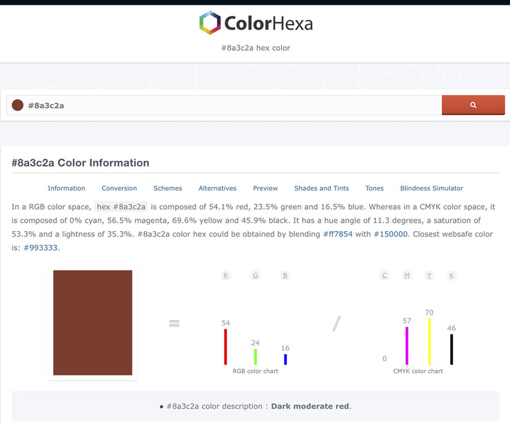 Screenshot of ColorHexa color analysis tool displaying #8a3c3a hex code information with color swatch and RGB/CMYK values.