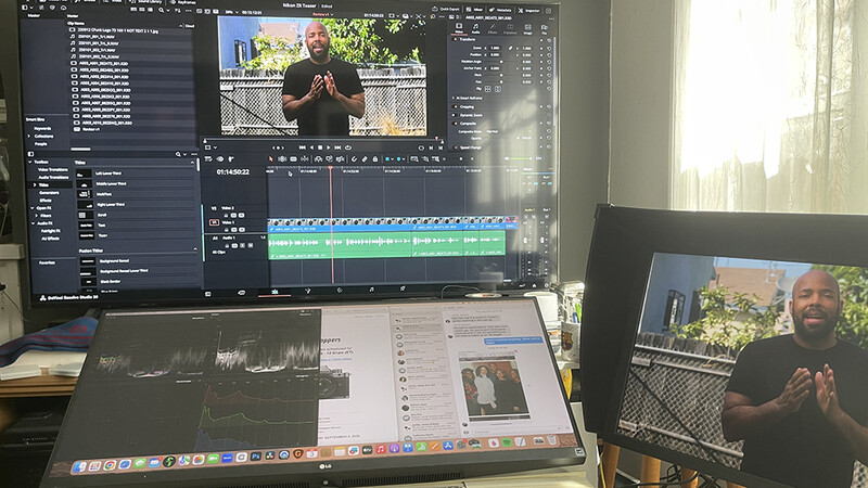 Video editing workspace with dual monitors displaying timeline, footage, and color grading interface.