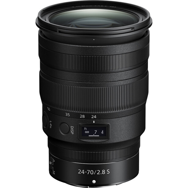 Nikon Z mount 24-70mm f/2.8 S telephoto zoom lens with focus ring and control buttons visible.