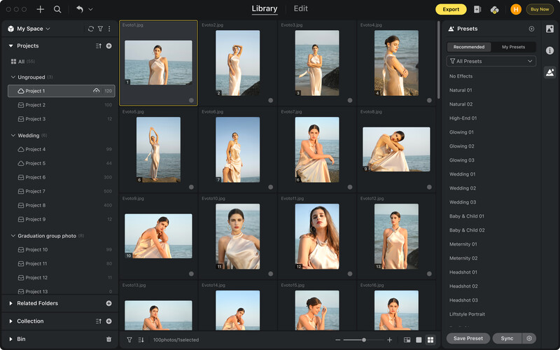 Screenshot of photo management software displaying a grid of portrait images during editing workflow.