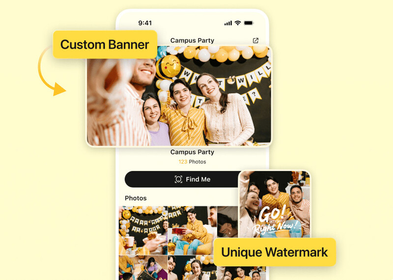 Screenshot showing customizable photo album design features with banner and watermark options.