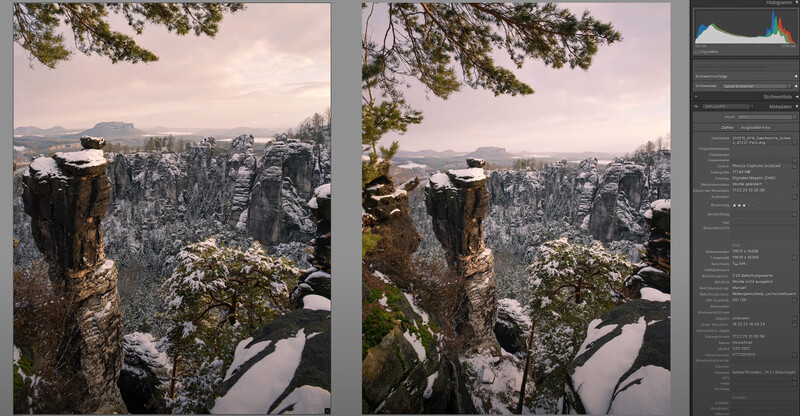 Winter landscape showing rocky cliff formations with snow-covered forest valley below and distant mountains.