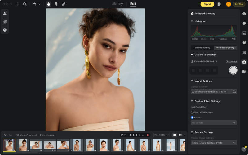 Screenshot of a photo editing interface showing portrait retouching workflow with histogram and camera settings panels.