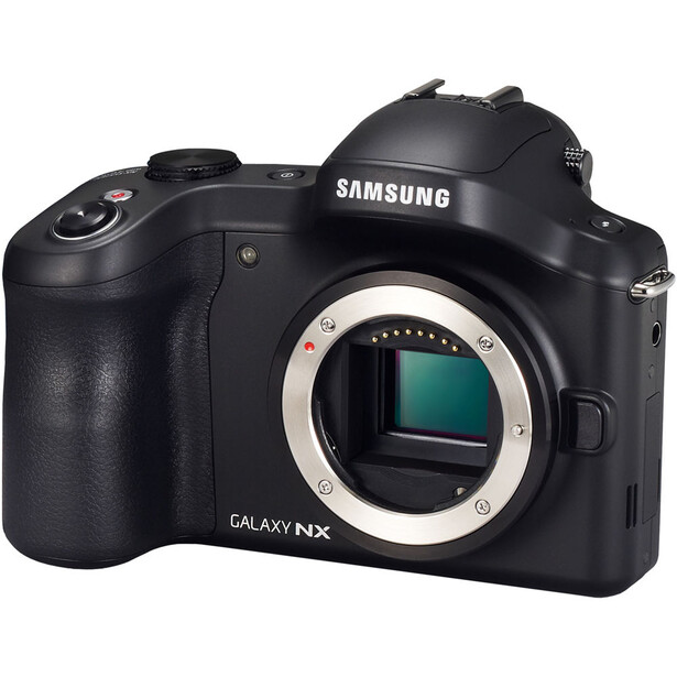 Samsung Galaxy NX mirrorless camera body with sensor exposed and mount visible.