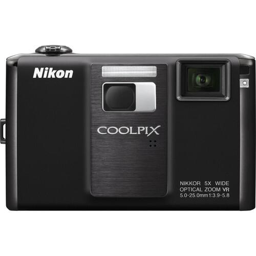 Nikon Coolpix compact digital camera with black body, flash, and articulating lens displayed against white background.