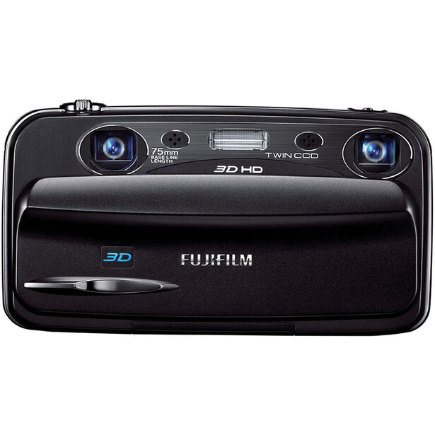 Fujifilm FinePix 3D compact digital camera with dual lenses and 3D HD capabilities shown from front.
