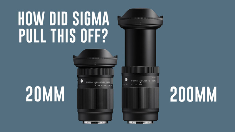 Graphic comparing two Sigma lenses side by side: a 20mm lens on the left and a 200mm lens on the right, with text asking how Sigma achieved this size difference.