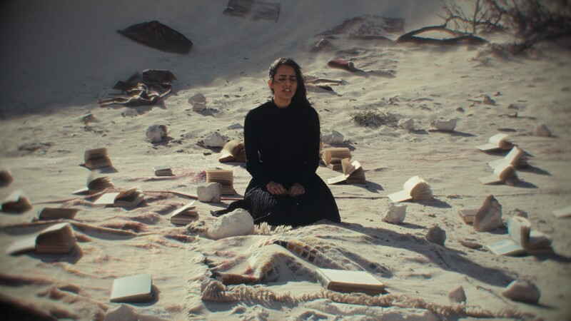 Person in black clothing seated on sandy ground surrounded by scattered rocks and driftwood.