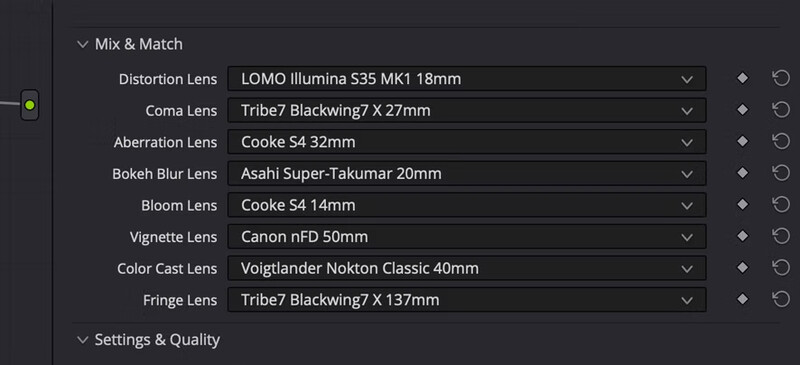 Screenshot of lens effect settings panel showing Mix & Match options with various lens types and their assigned models.