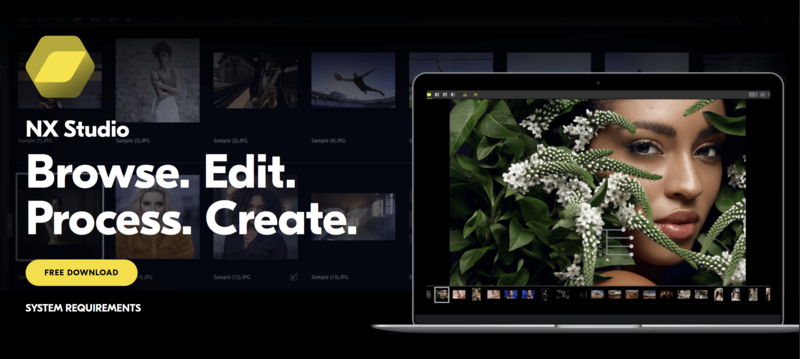 Screenshot of NX Studio software displaying portrait editing with botanical overlay.