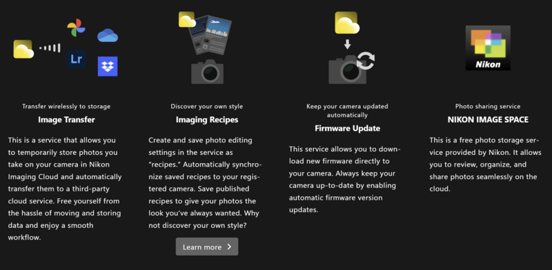 Screenshot showing four Nikon camera service icons and descriptions for Image Transfer, Imaging Badges, Firmware Update, and Nikon Image Space.