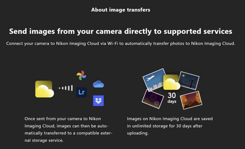 Infographic explaining Nikon Imaging Cloud image transfer workflow with icons showing camera connection, cloud storage, and file distribution.