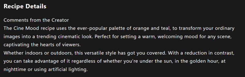 Text block describing the Cine Mood color grading recipe and its applications.