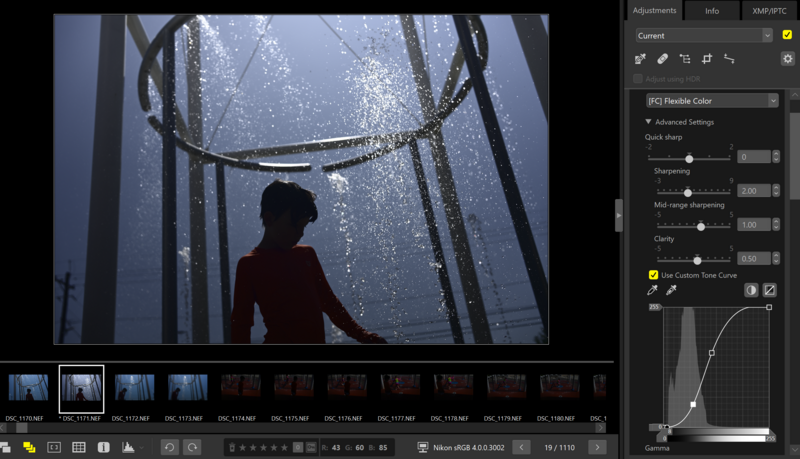 Screenshot of video editing software showing silhouetted figure viewing an atmospheric forest scene with particles and light beams.