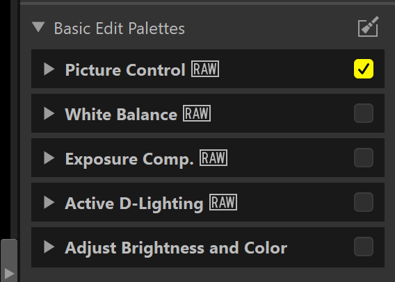 Screenshot of Basic Edit Palettes menu showing RAW editing tools in Adobe Lightroom.
