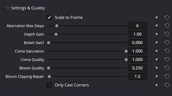 Screenshot of rendering settings panel showing quality controls like aberration, depth gain, bloom, and coma adjustments.