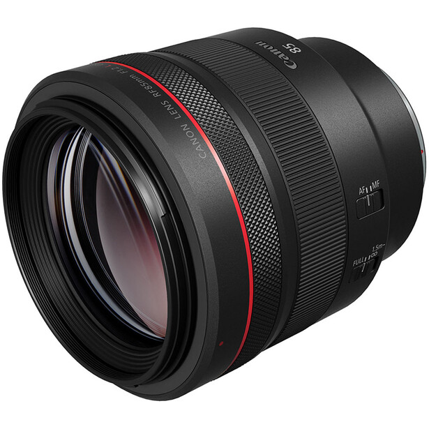 Black telephoto lens with red accents and glass elements visible through the barrel.