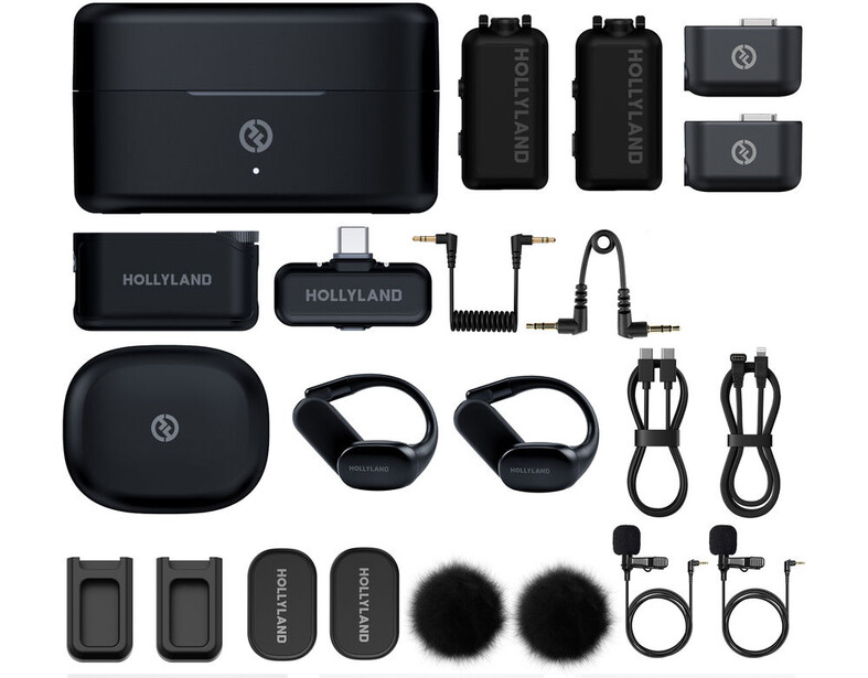 Complete wireless microphone system kit with transmitters, receivers, headphones, cables, and carrying cases.