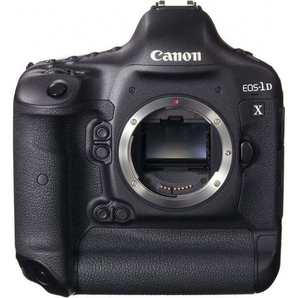 Canon EOS-1D X professional DSLR camera body with battery grip attached, shown from front with lens mount visible.