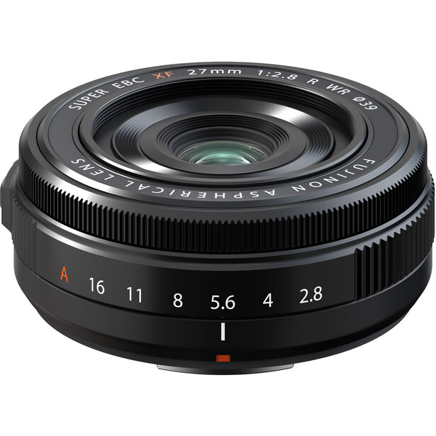 Fujifilm XC 27mm f/2.8 lens with aperture ring and depth-of-field scale visible.